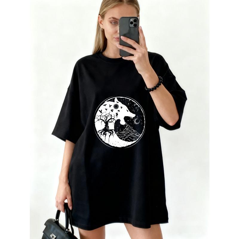 Übergroßes T-Shirt-Kleid Schwarzer Wolf und Mond Yin Yang Druck für Freizeitkleidung