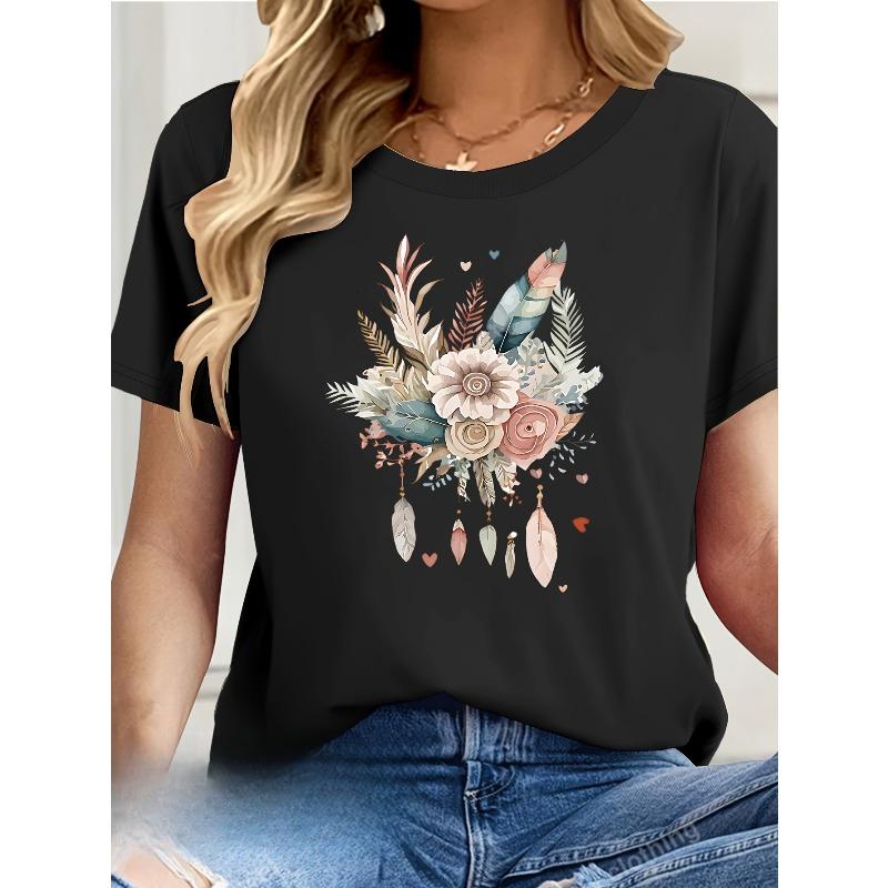 European Size European Size Elegant Artistic Print Women s  Short-Sleeve T-Shirt S чёрный