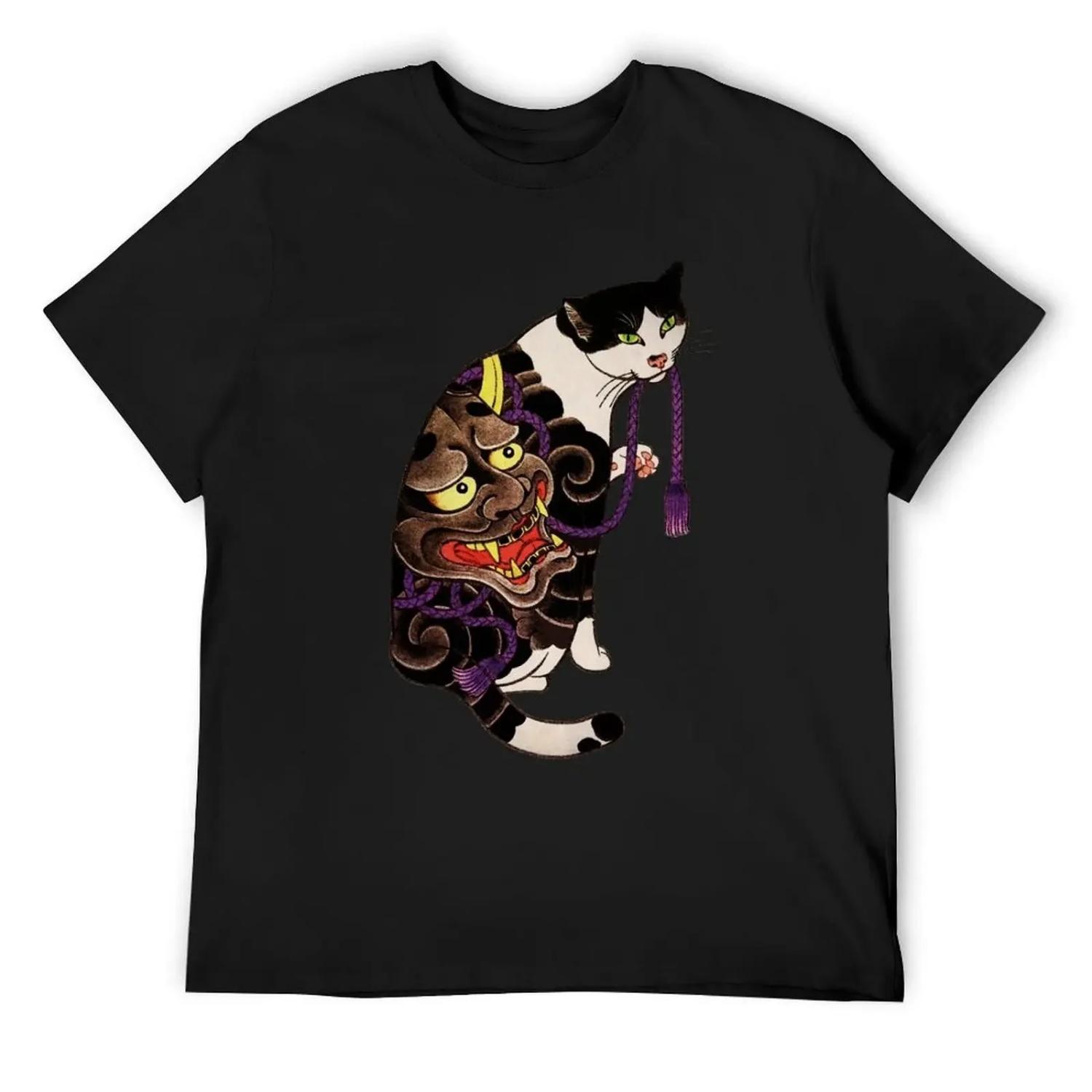 

Antique Japanese Woodblock Print Cat with Oni _ Kabuki Dragon Mask Tattoos T-Shirt Clothing tops mens vintage t shirts XXXXXL чорний