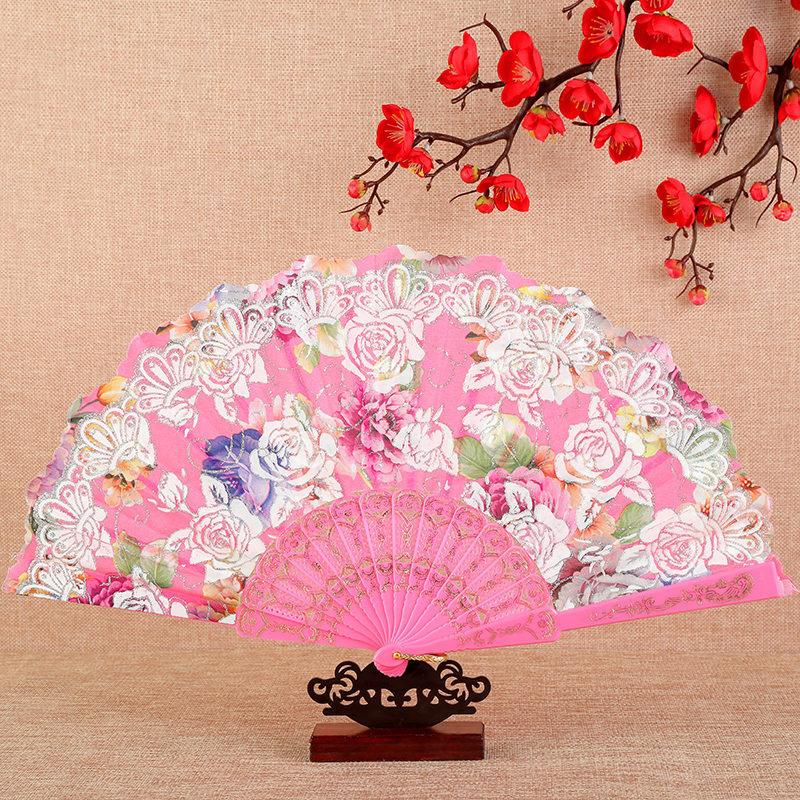 1PC Silk Fan Decoration Fans Floral Pattern Dance Tassel Vintage Folding Fan Hand Fan