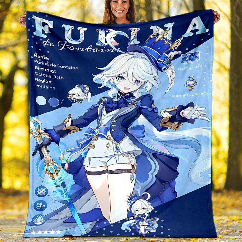 Coperta in pile stampata Genshin Impact Furina—leggera, morbida, calda;coperta versatile per tutte le stagioni—perfetta come coperta per l'aria condizionata, coperta per il riposino