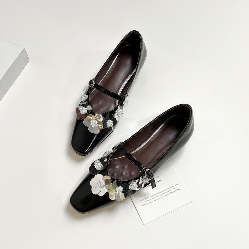 

Овчина темперамент квадратная голова цветок танкетка высота каблука Мэри Джейн одинарная обувь мелкий вырез слово с сумкой голова полушлепанцы женские 35