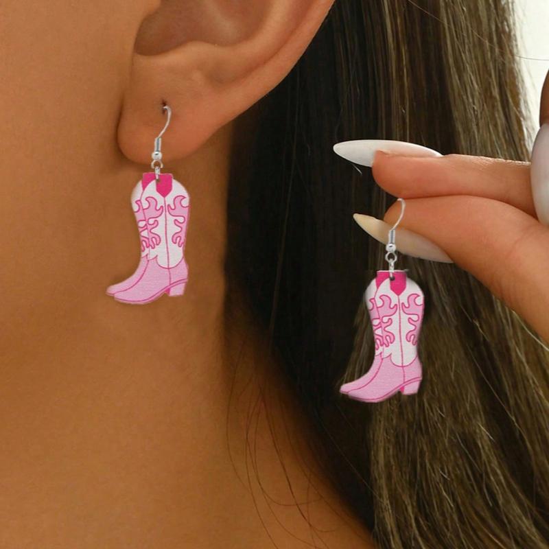1 Pair Western Cowgirl Style Versatile Pink Acrylic Wavy Cowboy Boot Drop Earrings, Suitable For Women Party And Everyday Wear
