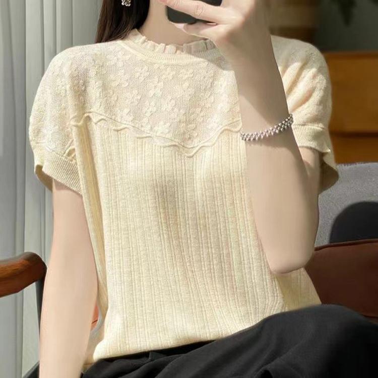 

IHUASU Женский весенне-летний трикотажный свободный кружевной топ с баской и вырезом M бежевый