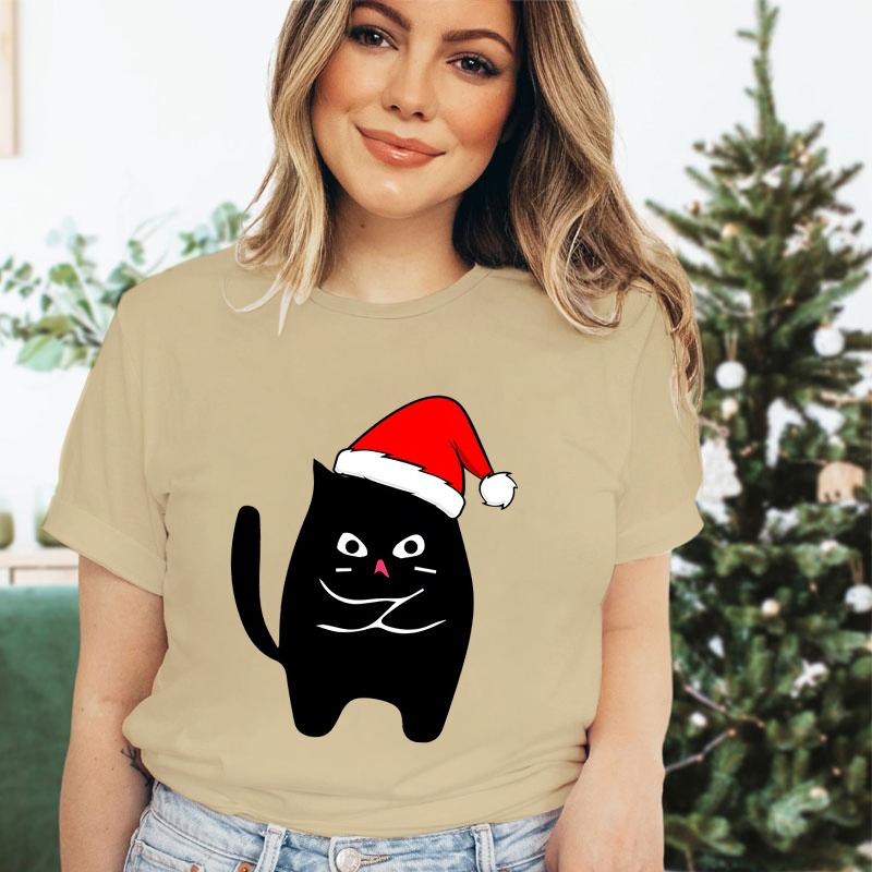 Christmas Black Santa Cat Trend Style Short Sleeve Tshirt Womens Christmas Gift Cute Animals Lovers Cartoon Classic Tshirts
