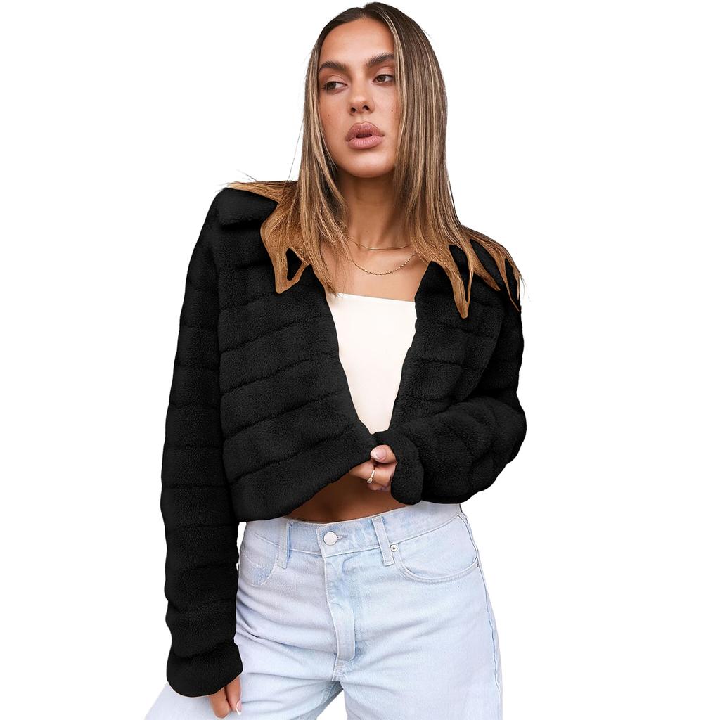 Womens Cropped Faux  Jackets Long Sleeve Open Front Short Coats