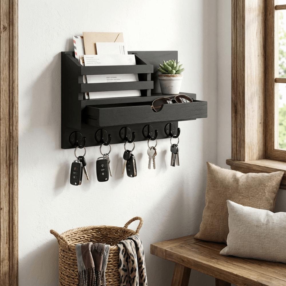Solid Wood Wooden Wall Mounted Storage Rack Multiple Hooks Simple Design Wall-Mounted Storage Rack Natural Appearance