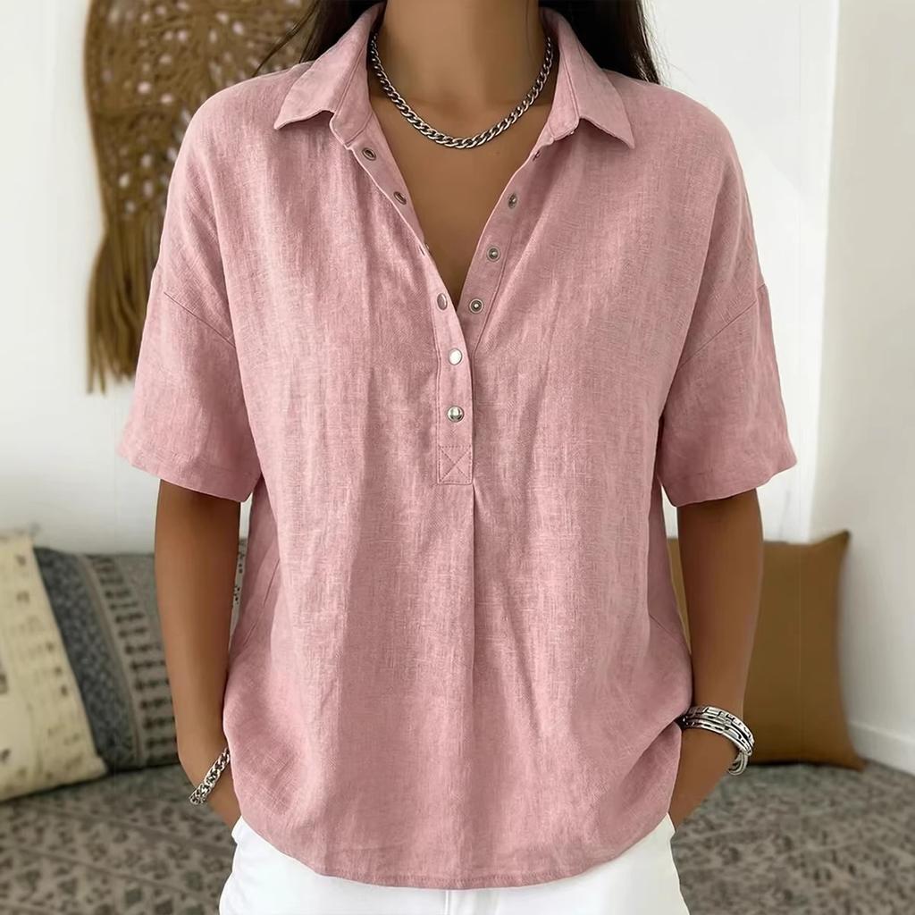 Women's Linen Blend Shirt Casual Short Sleeve Button-Down Loose Fit Blouse Tops