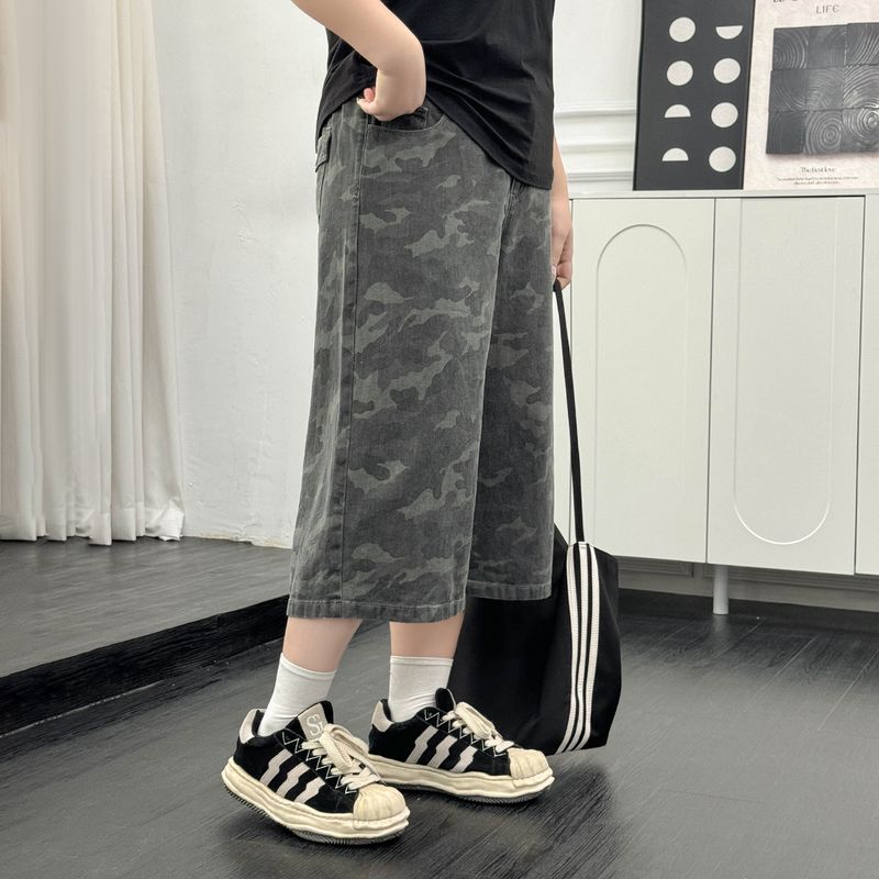 

Plus size women clothing [Trendy Cool Camouflage Cropped Pants] American vintage Casual Chubby Girl High Waist Loose Straight Wide Leg Pants Camouflage Green 38