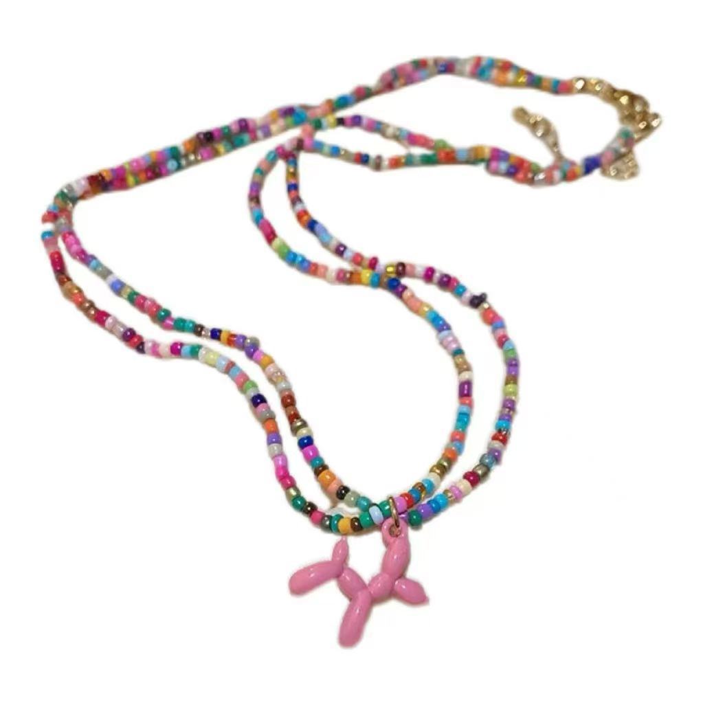 

Colorful Summer Double Color Beaded Balloon Dog Necklace Dopamine Stacked Collarbone Chain Neck Chain Accessories