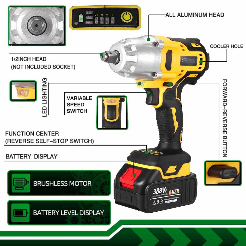 18V Cordless Electric Impact Wrench 800N.m Brushless Wrench Rechargeable 1/2 inches Li-ion Battery For Car Tires Power Tools