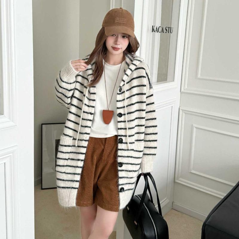 Hooded striped casual knitted cardigan women's autumn and winter new fashion loose lazy sweater jacket