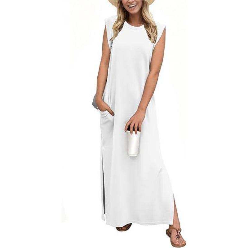 Women's Round-neck Loose Slit Sleeveless Long Pocket Dress