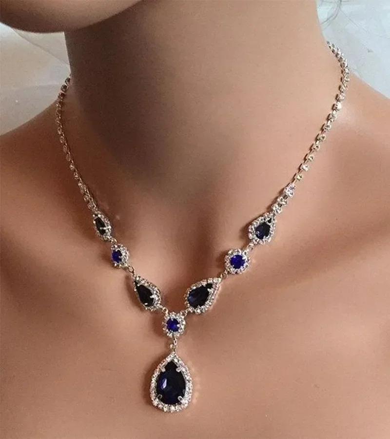 Blue Water Drop Rhinestones Necklace For Women  Inlaid Zircon Pendant Fashion Jewelry Accessory