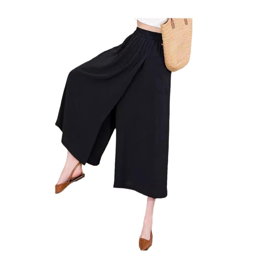 Hot Season Thin Style Loose High Waist Slit Lazy Style Casual Skirt Pants Hips and Thighs Thick Slimming Eight-point Wide-leg Pants for Women
