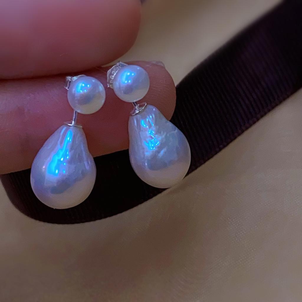 Französisches Design zwei tragen Retro Hepburn natürliche Süßwasserperle Ganzkörper 925 schlichtes Silber Silbernadel Ohrstecker Damen Ohrstecker