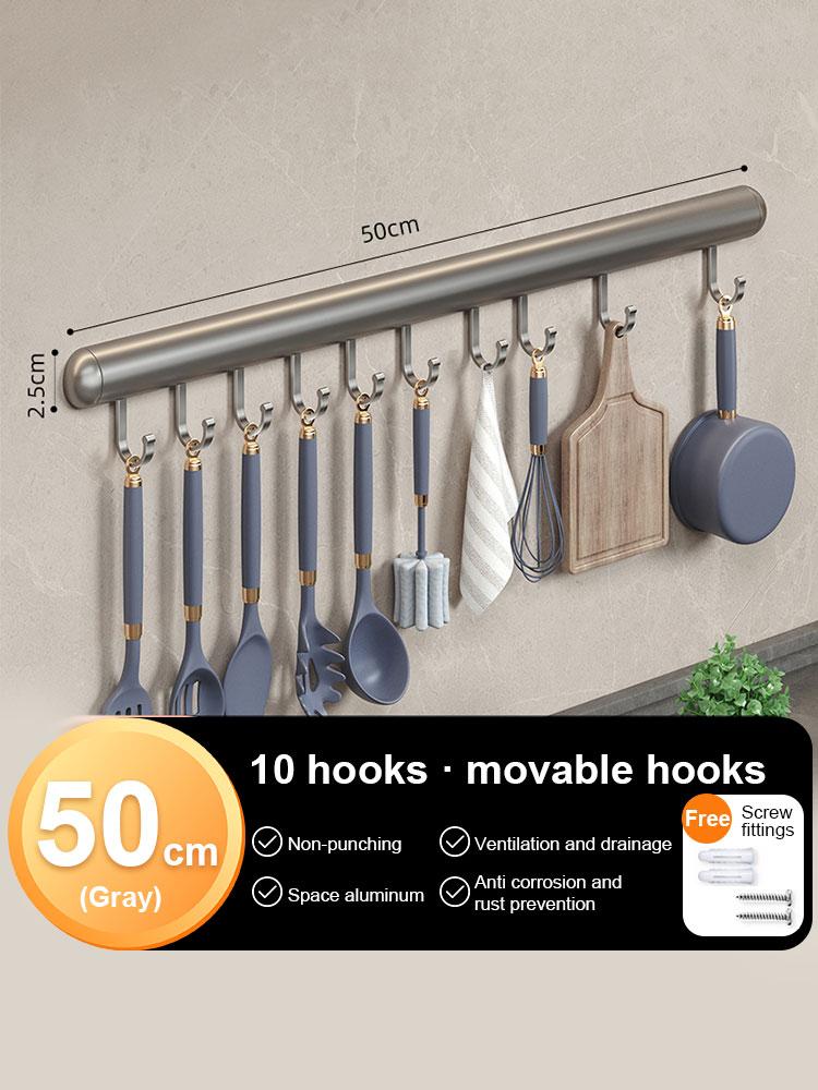 30-50cm Wall Mounted Kitchen Hook Rack Aluminum Cabinet Storage Kitchen Utensils Rack Spoon Shovel Movable Hook Hardware Access