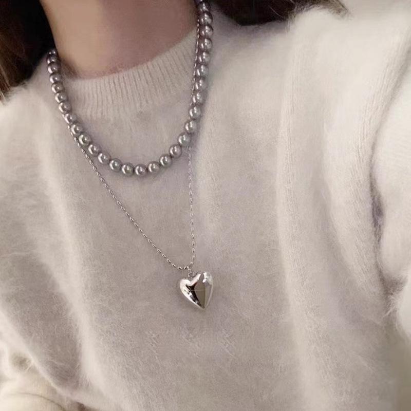 Sladký Cool Styl Přívěsek Srdce Šedý Kovový Korálek Klíční Kost Řetízek Náhrdelník