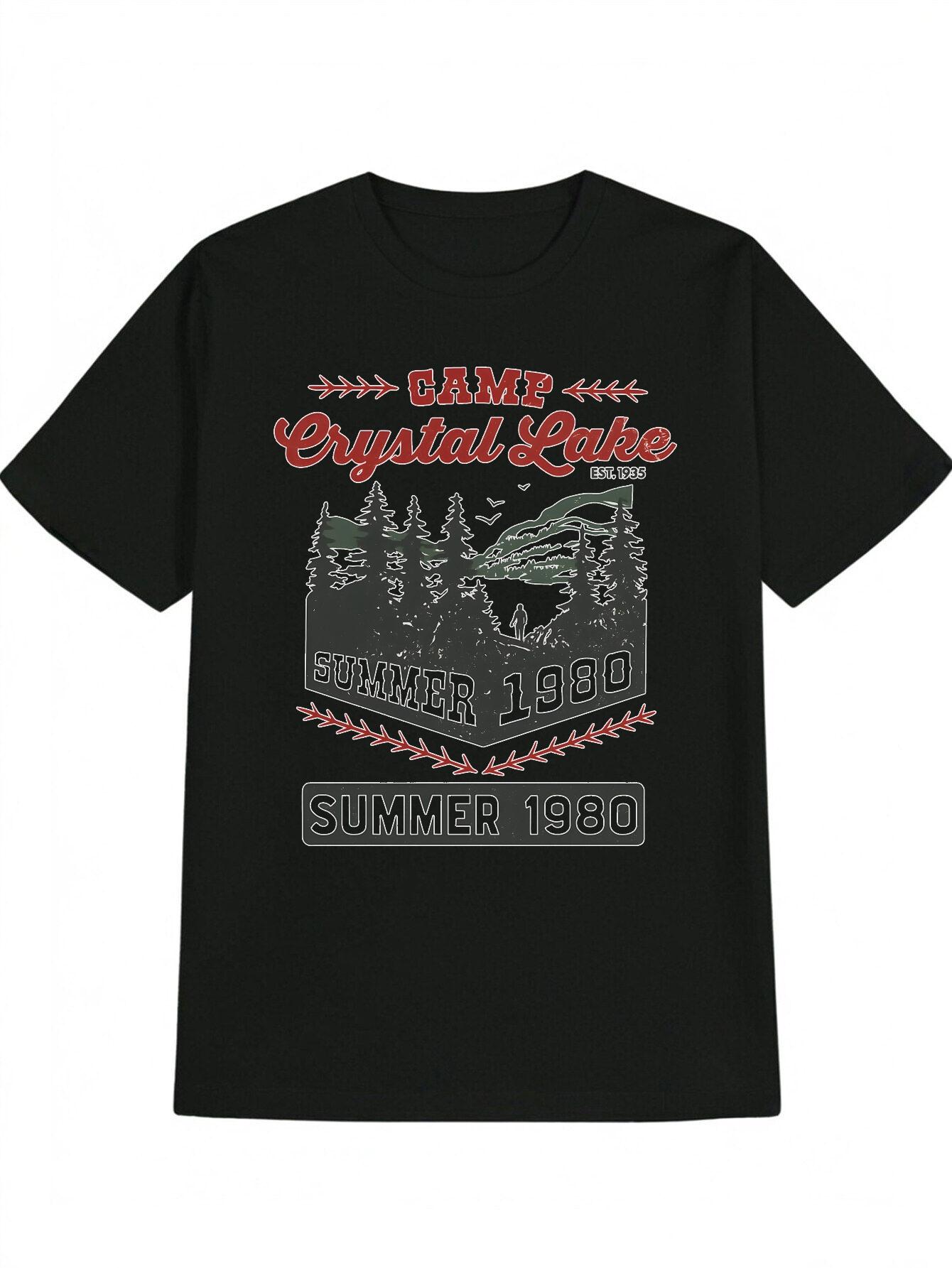 Casual Round Neck T-shirt with Red Arrow  CAMP Crystal Lake  Print XXXL
