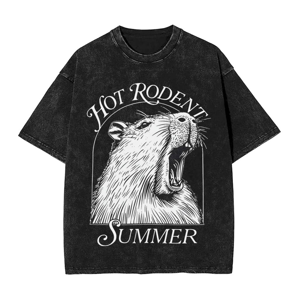 Retro Vintage Japanese Samurai Capybar Washed T Shirts Streetwear Hip Hop Novelty Tshirts  Tees Men Women Short Sleeve Harajuku