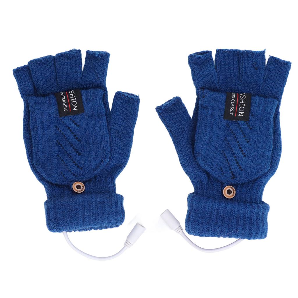 1 Pair USB Heated Gloves Electric Heating Thermal Knitting Gloves Half Finger Winter Hand Warmer for Working Blue