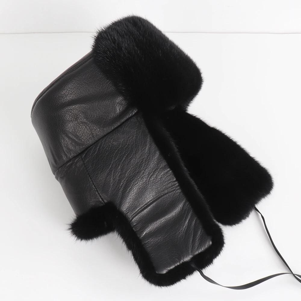 New Winter Men Outdoor Real Mink Fur Bomber Hats Male Super Warm 100% Natural Mink Fur Hat Luxury Man Real Sheepskin Leather Cap