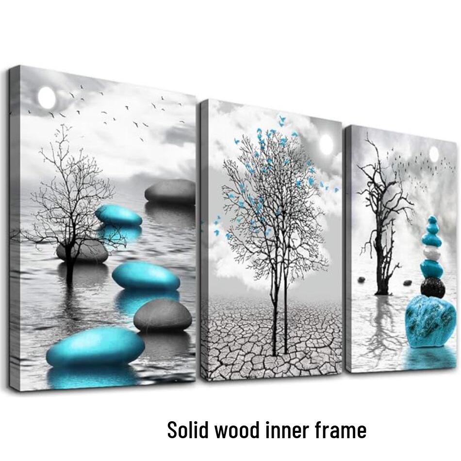 Abstrakte Landschaft Berge & Wasser: Set von 3 gerahmten Leinwandbildern, Massivholz-Innenrahmen, Wanddekoration für Sofahintergrund.