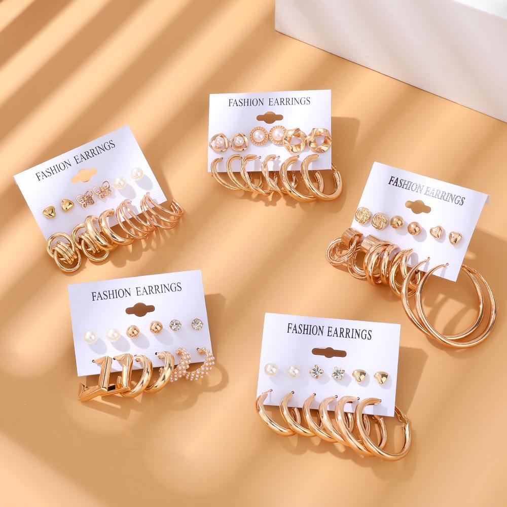 New Geometric Circle Pearl Women's Earrings, Pearl Butterfly Exaggerated Twist Earrings 6 Pairs