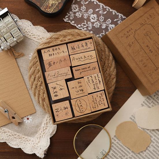 12 Pcs Vintage Wood Rubber Stamp Universe Letters Number Flowers Retro Stamp Set for DIY Art Craft Journals Scrapbooking Planner Card Making