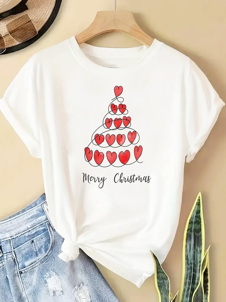 (Asian Size) watercolor letter new year T Clothing Short Sleeve T-shirts  Print merry Christmas o-neck Women's Top Fashion holiday Graphic Tee