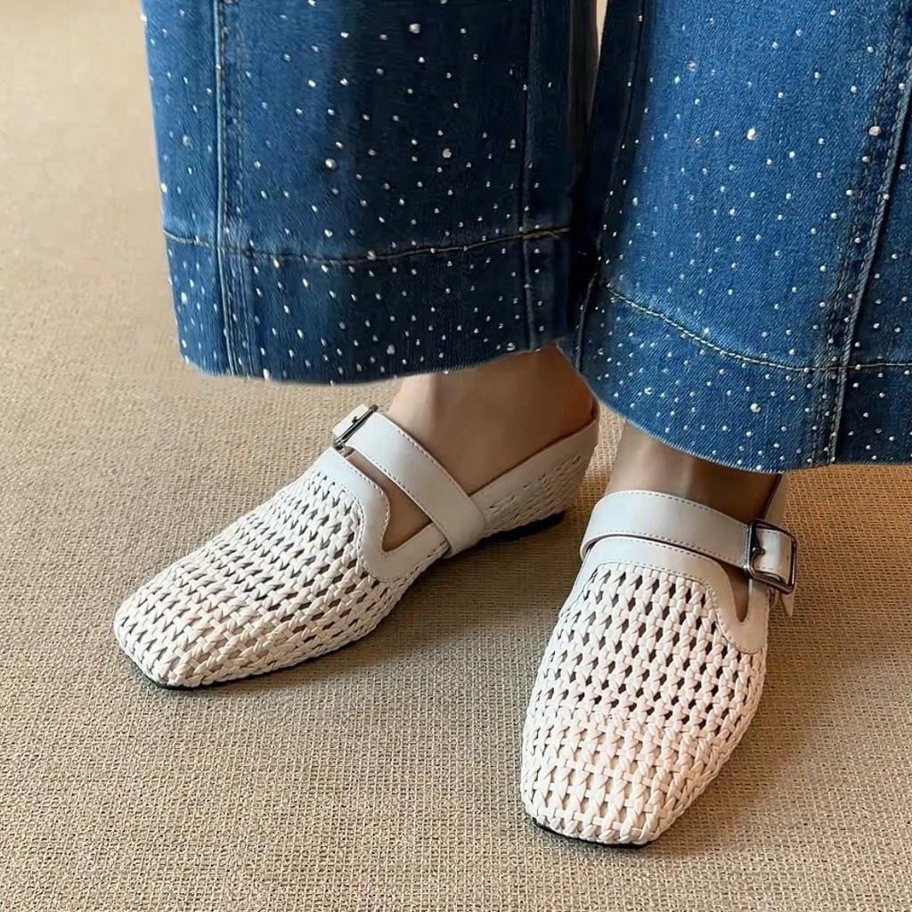 Holiday style woven wedge heel Muller shoes belt buckle breathable bag head outer slippers