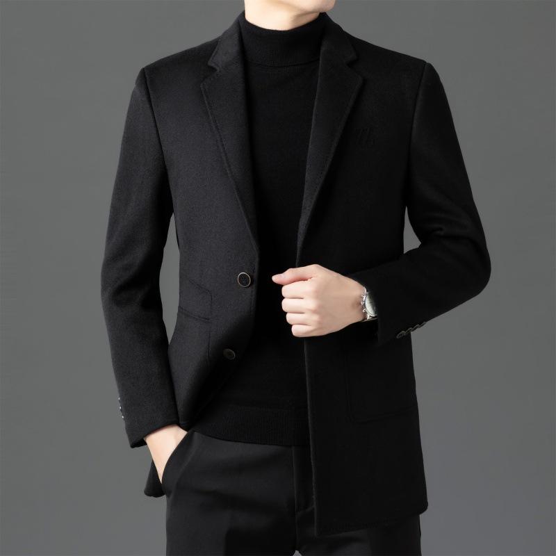 Men's Mid-Length Double-Sided Cashmere Coat with Detachable Down Liner, Casual Wool Suit for Middle-Aged
