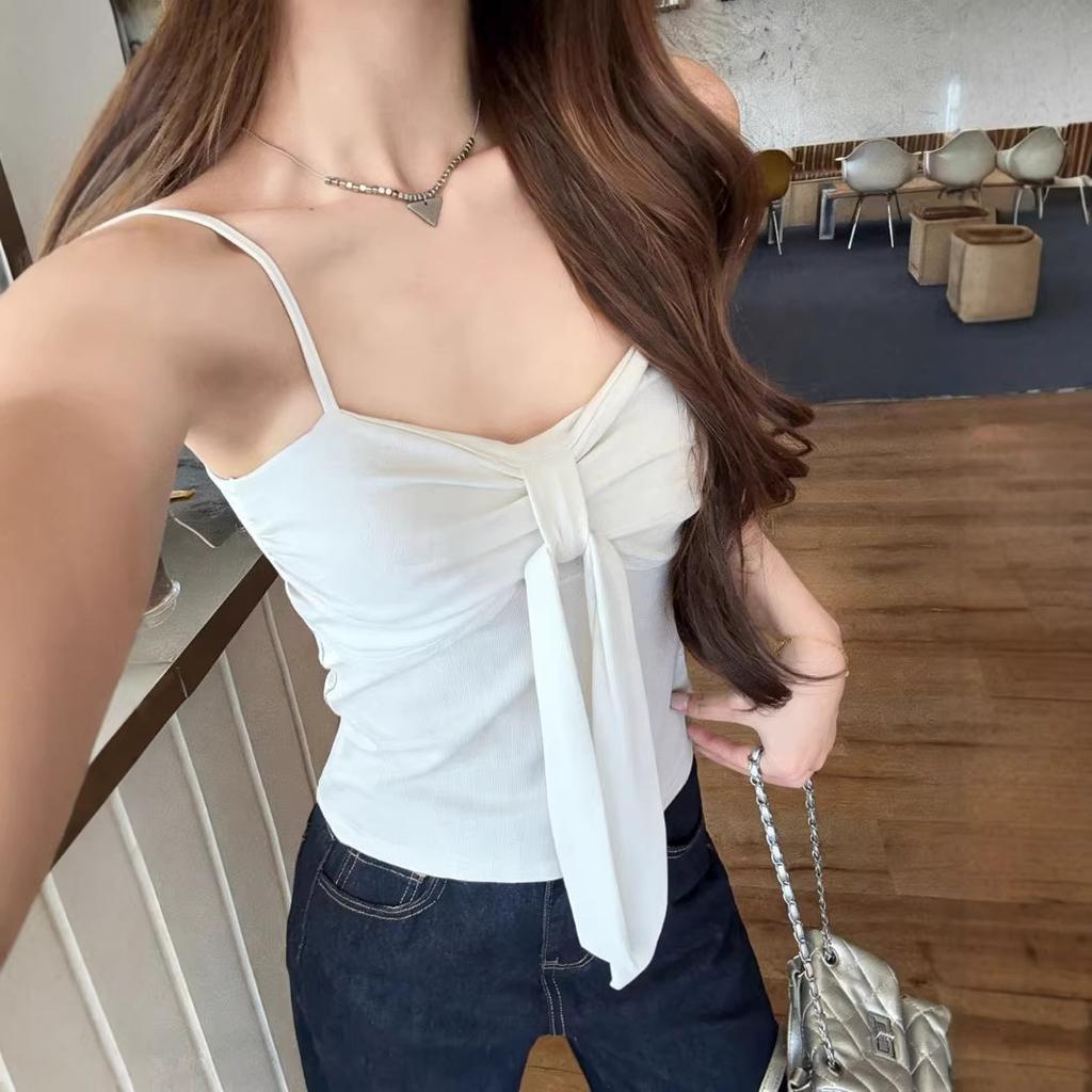 Sweet Spice Girl Bow Strap Pleated Suspender Vest Women's Spring and Summer Design V-Neck Slim Fit with Chest Pad Sleeveless Top