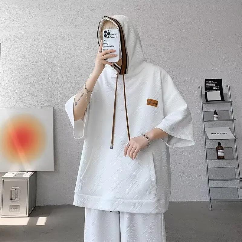 Plus Size 8XL Unisex Summer Casual Hooded Sweater Suit Short-sleeved Shorts Two-piece Three-quarter Sleeves