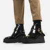Fashion Black Patent Leather Chunky Heel Women Boot Fashion Metal Buckle Sewing Side Zip Design Ankle Boot Cozy Waterproof Platform Boot