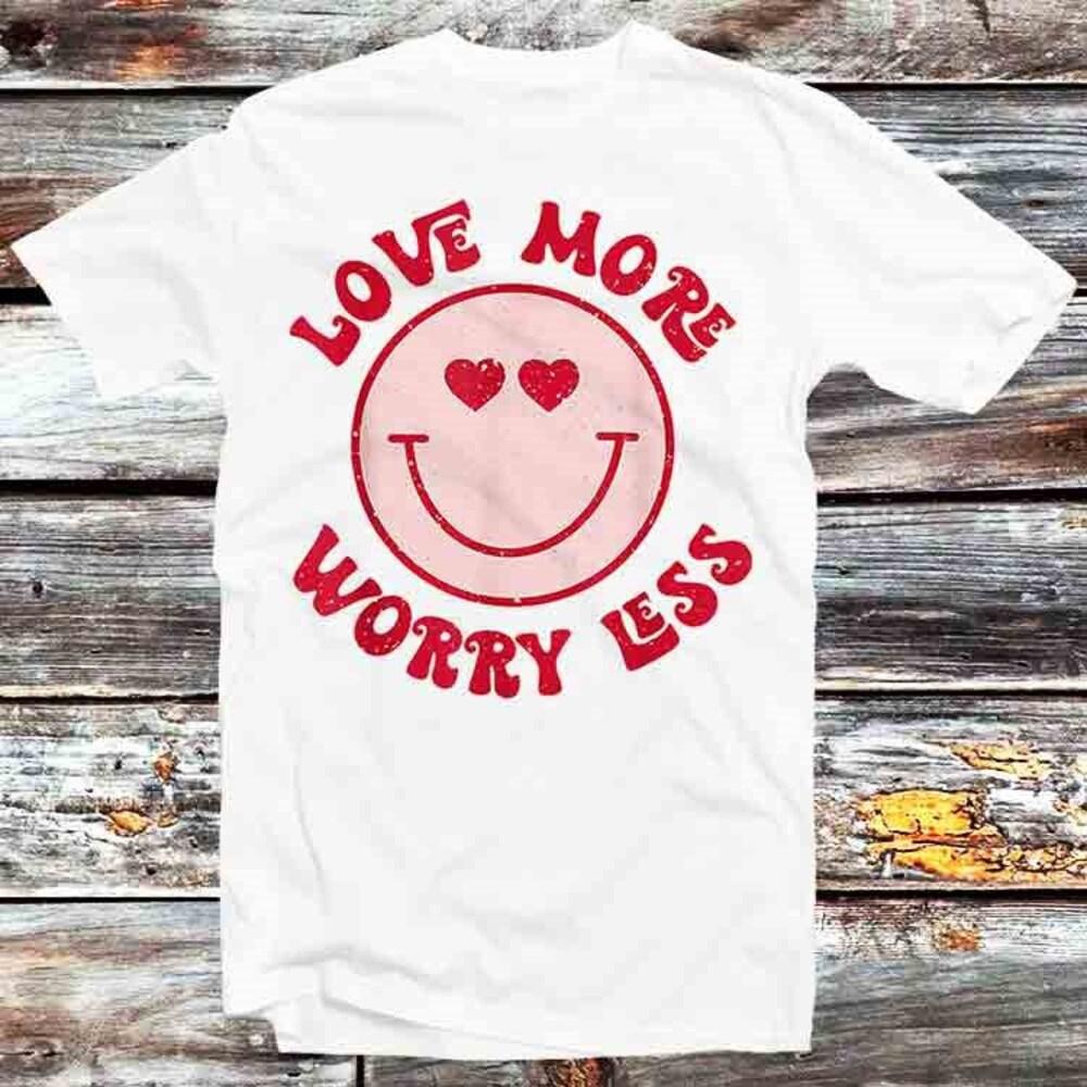 

230GSM 100% Cotton T-Shirt Love More Worry Less Smile Face Meme T Shirt Vintage Retro Cool Gift Unisex Cartoon Anime Manga Top Tee B1307 XS белый