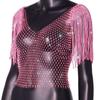 Rhinestone Rhinestone Fishnet Tops with Tassel Shawl See Through T Shirt with Tassel Shawl  Women