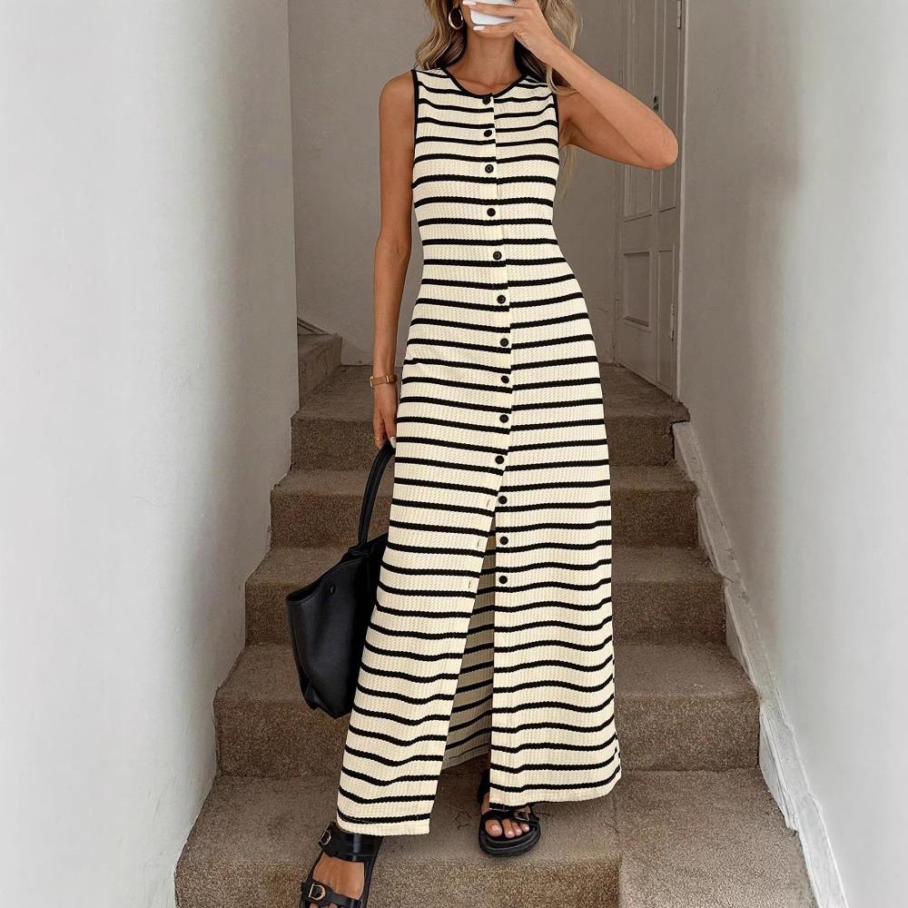 Women's Sleeveless Striped Maxi Dress Round Neck Button Front Split Knit Long Tank Dress