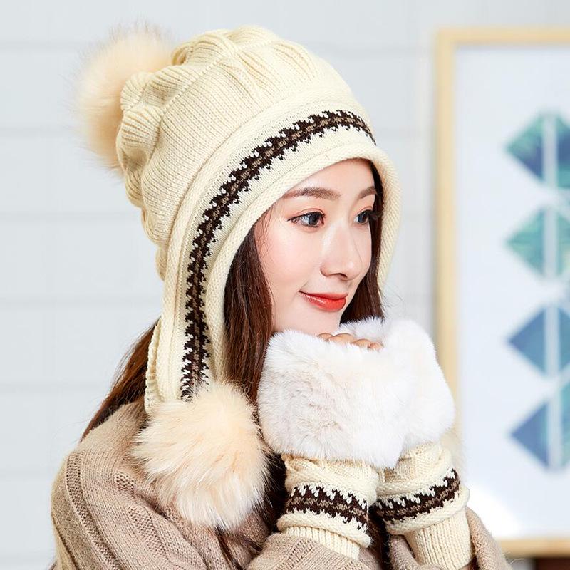 Hat Women's Winter Knitted Hair Ball Glove Set, Student Cycling Women's Fleece Thickened Thermal Ear Protector
