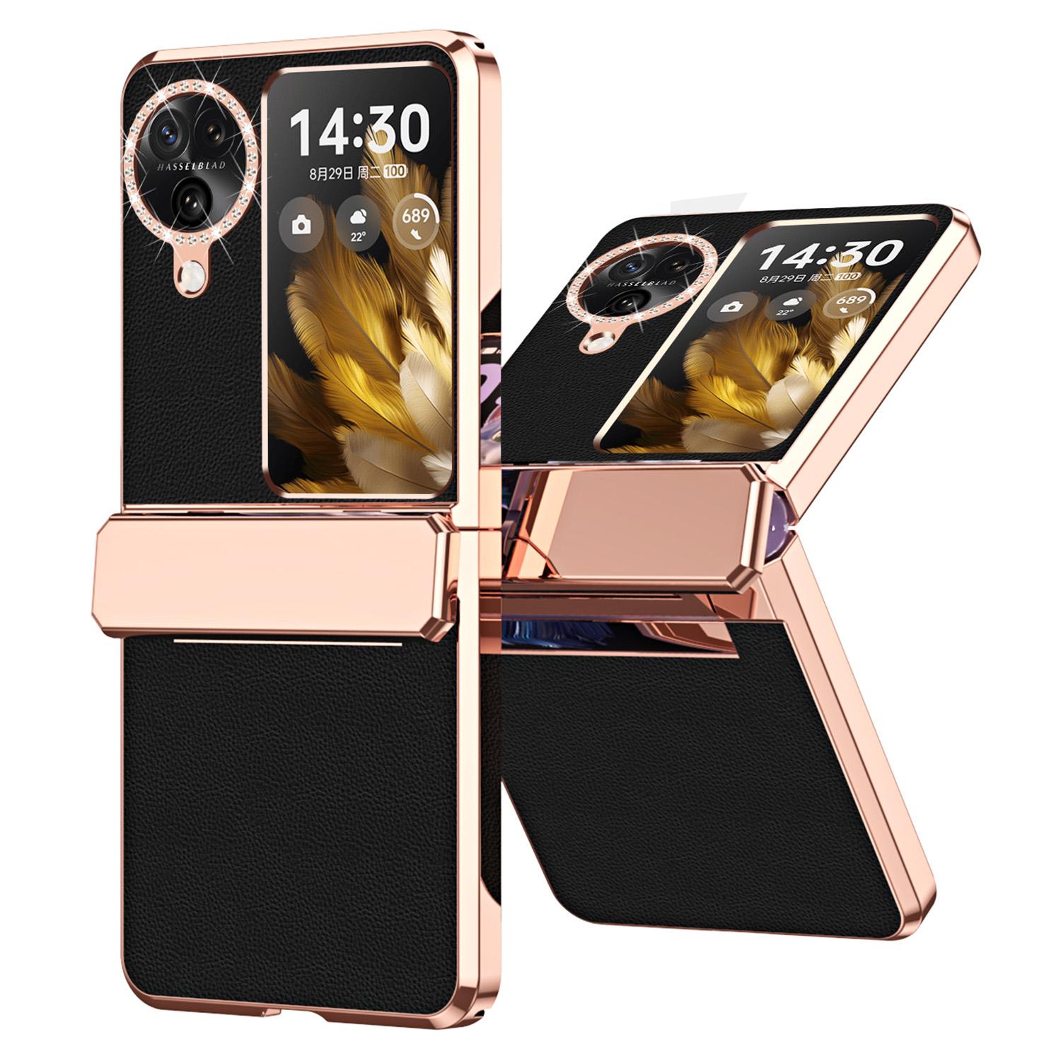 

For Oppo Find N3 Flip 5G Drop-proof PU Leather+PC Case Anti-fingerprint Electroplating Phone Cover Black