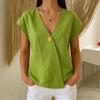 Women's V Neck Cap Sleeve Blouse Regular Fit Single Button Wrap Front Solid Linen Casual Top