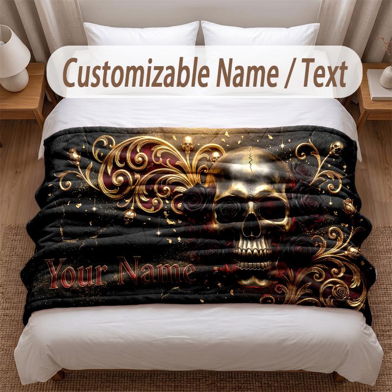Skull Gothic Theme Soft Blanket Personalized Custom Name Text Print Warm Blanket Home Sofa Bedroom Decor