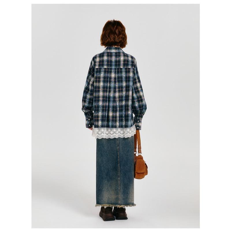Plaid Lace Women Shirt Long Sleeved Patchwork New Blouse Autumn Loose American Style Woman Trendy Shirts