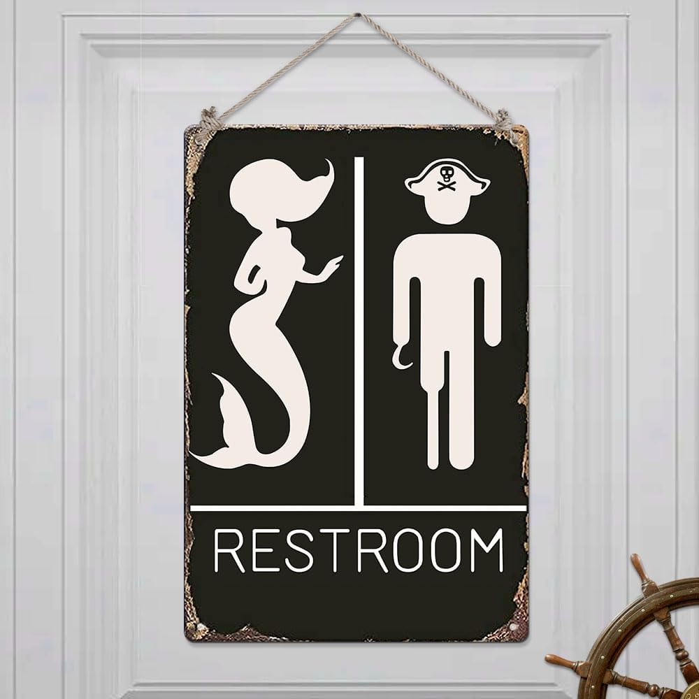 Funny Mermaid Pirate Vintage Restroom Door Sign bathroom signs Decor Use For NauticalMermaidPirateBeachShip Themed Wall