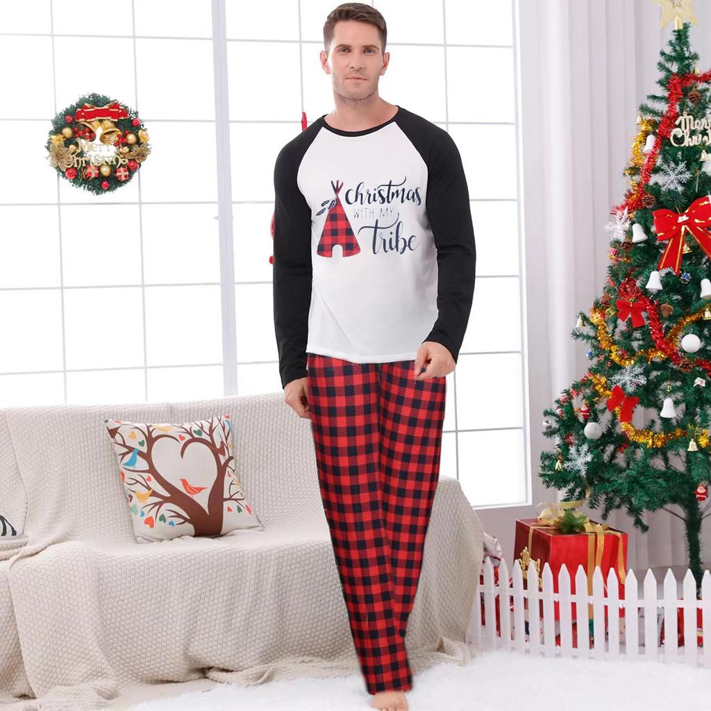 Custom Logo Family Christmas Pajamas Winter Long Sleeve Pjs Pajamas Custom Kids Pajama Set Print Top and Plaid Pants Sleepwear