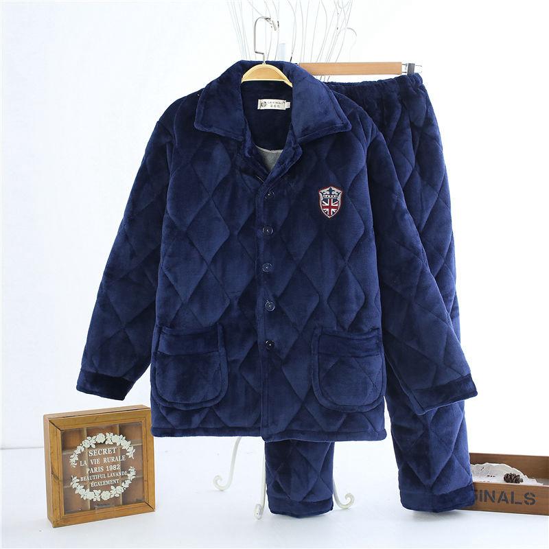 Men's pajamas autumn and winter thick padded jacket three-layer padded cotton winter warm loungewear suit casual style