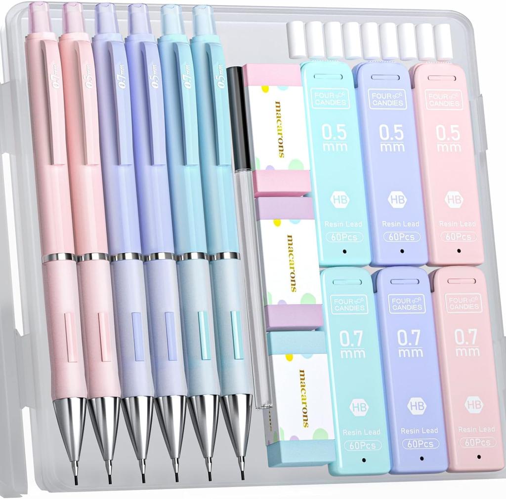 Four Candies Pastel Mechanical Pencil of 360 HB Eraser Writing Supplies Set, 0.5mm & 0.7mm (3 Each), Leads, Included,