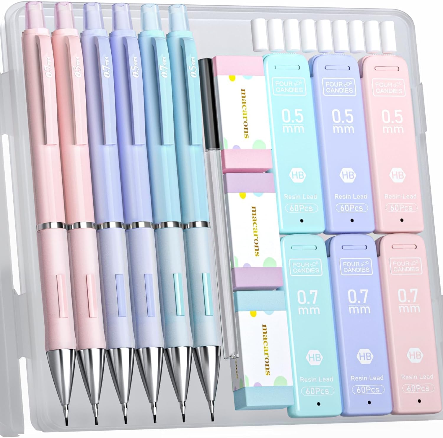 

Four Candies Pastel Mechanical Pencil of 360 HB Eraser Writing Supplies Set, 0.5mm & 0.7mm (3 each), Leads, Included,
