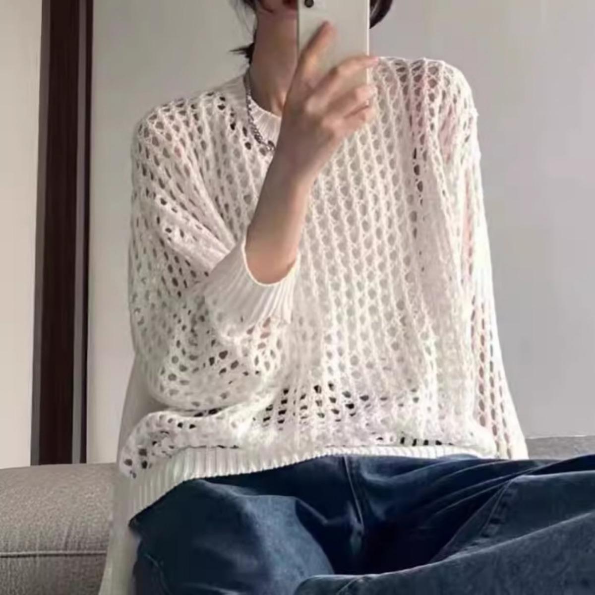 

Весна и лето Новый вязаный свитер Hollow, солнцезащитный женский тонкий, свободный Niche Chic Drape с длинными рукавами Smock Tops one size белый