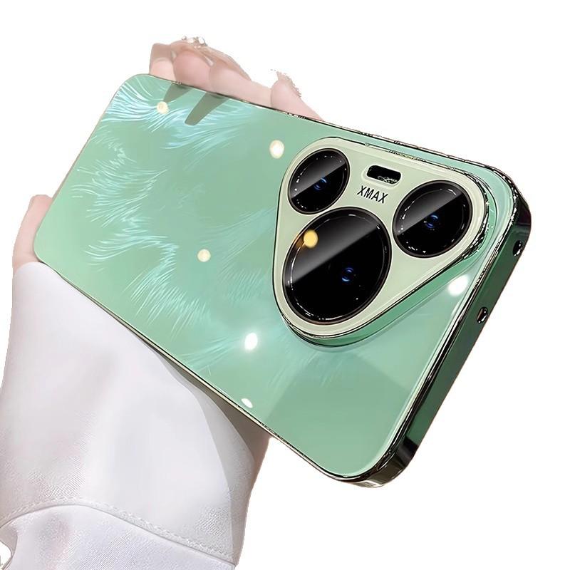 Applicable to Huawei P90PRO mobile phone case electroplated feather yarn ice crystal glass case with lens film mate80 anti-drop N14
